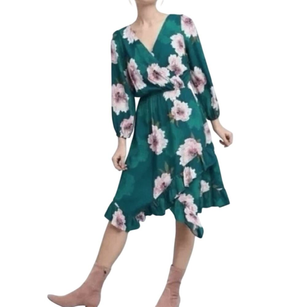 Tracy Reese Aleah Wrap Midi Dress M Green Floral Forest Fairy Ruffle Whimsy Boho